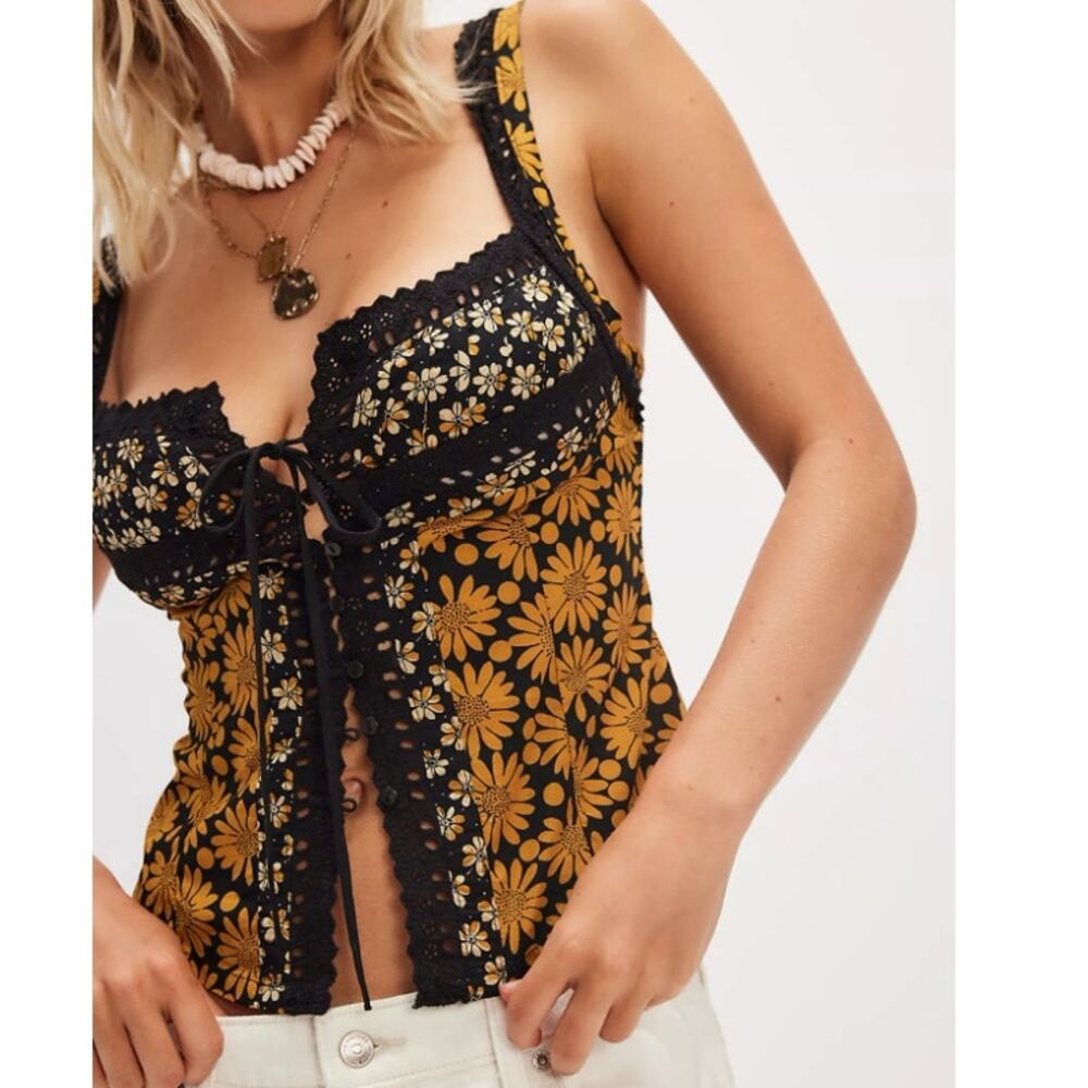 NEW Free People Black Combo Floral Love Me Not Printed Smocked Button Tank Top